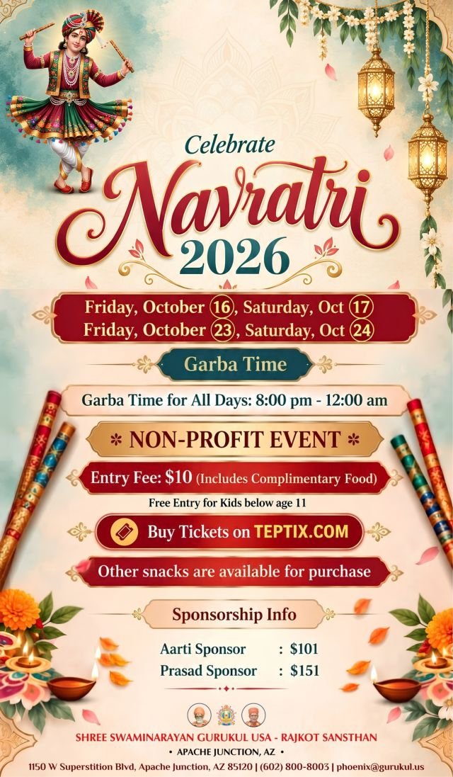 Shree Swaminarayan Gurukul - Celebrate Navratri 2026 – Garba & Dandiya Nights!