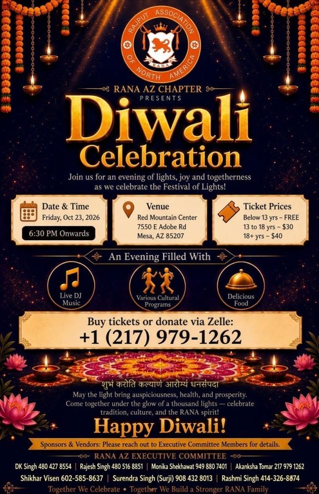 RANA Arizona Diwali Celebration 2026 in Mesa, AZ | Music, Food & Cultural Programs | Oct 23